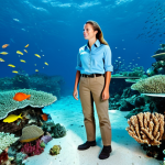 **

A professional female marine biologist, fully clothed in appropriate field attire (khaki pants, sturdy boots, light blue button-down shirt), examining coral reefs in a clear, shallow ocean environment. The scene should showcase vibrant coral and diverse fish species. "Safe for work," "appropriate content," "perfect anatomy," "natural pose," "professional," "family-friendly," "high-resolution," "underwater photography."

**