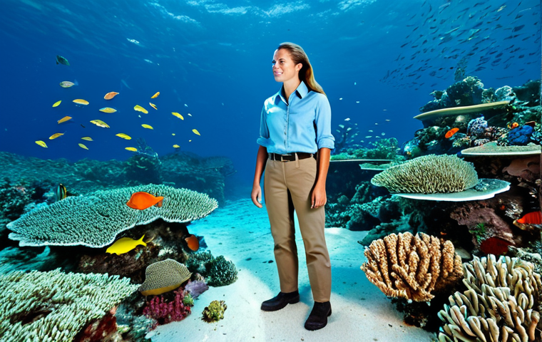 **

A professional female marine biologist, fully clothed in appropriate field attire (khaki pants, sturdy boots, light blue button-down shirt), examining coral reefs in a clear, shallow ocean environment. The scene should showcase vibrant coral and diverse fish species. "Safe for work," "appropriate content," "perfect anatomy," "natural pose," "professional," "family-friendly," "high-resolution," "underwater photography."

**