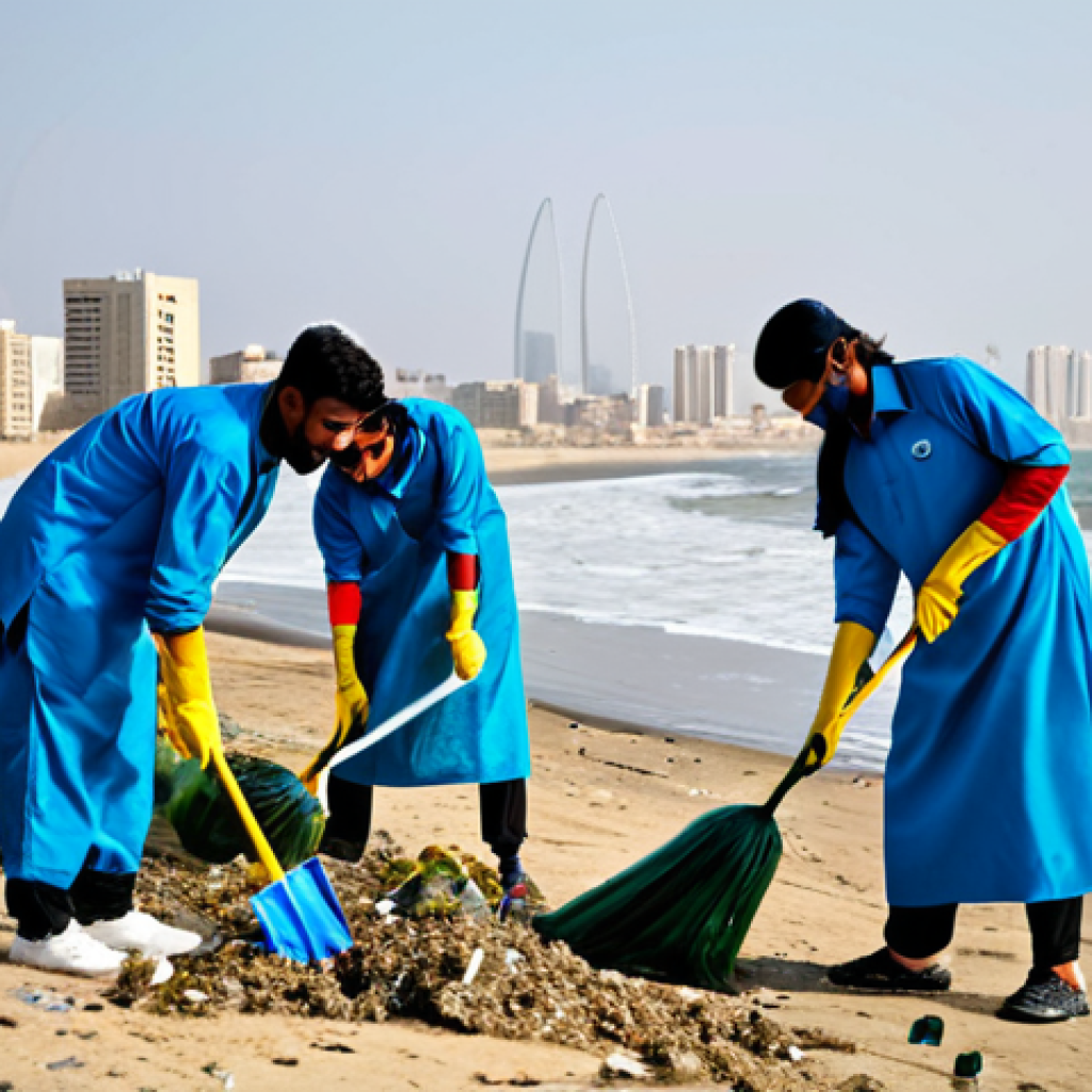 ** "A group of fully clothed volunteers cleaning up plastic waste from a beach in Karachi, Pakistan. The beach is sandy with moderate waves. In the background, the Karachi skyline is visible. Appropriate attire, safe for work, environmental awareness, modest clothing, perfect anatomy, natural proportions, clear focus, high quality, professional." **
