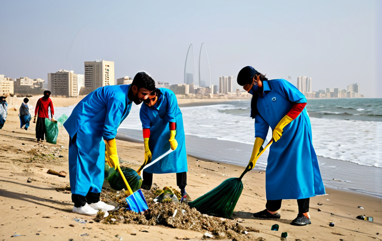 **
"A group of fully clothed volunteers cleaning up plastic waste from a beach in Karachi, Pakistan. The beach is sandy with moderate waves. In the background, the Karachi skyline is visible. Appropriate attire, safe for work, environmental awareness, modest clothing, perfect anatomy, natural proportions, clear focus, high quality, professional."
**