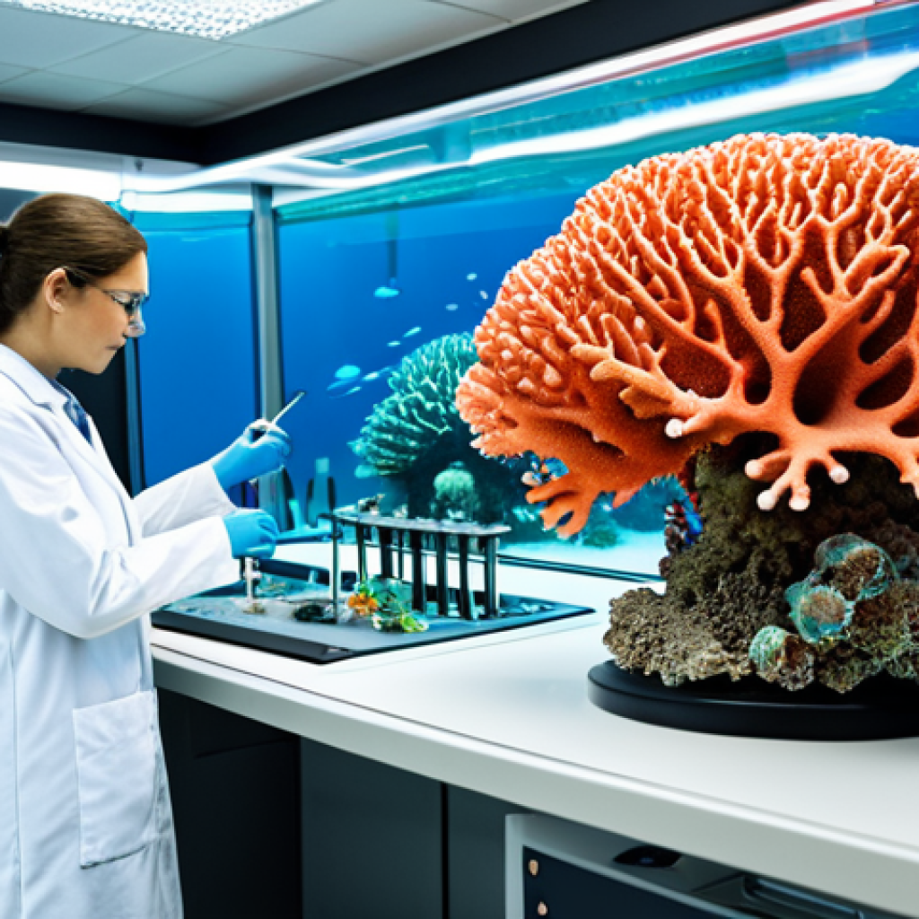 **
A team of marine researchers, fully clothed in professional lab coats, examining a 3D printed coral structure in a bright, modern laboratory. The background includes advanced scientific equipment and displays showing underwater coral reef imagery. Safe for work, appropriate content, perfect anatomy, natural proportions, professional, modest, family-friendly. High quality, detailed textures.
**
