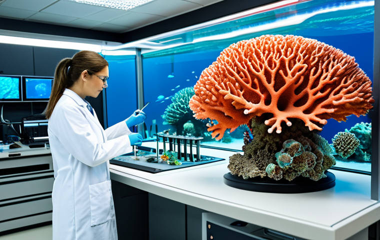 **
A team of marine researchers, fully clothed in professional lab coats, examining a 3D printed coral structure in a bright, modern laboratory. The background includes advanced scientific equipment and displays showing underwater coral reef imagery. Safe for work, appropriate content, perfect anatomy, natural proportions, professional, modest, family-friendly. High quality, detailed textures.
**