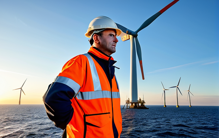 Offshore Wind Technician**
"A fully clothed wind turbine technician, wearing safety gear, inspecting a massive offshore wind turbine in the ocean at sunset, appropriate attire, safe for work, perfect anatomy, natural proportions, professional photograph, high quality, clear skies."
**