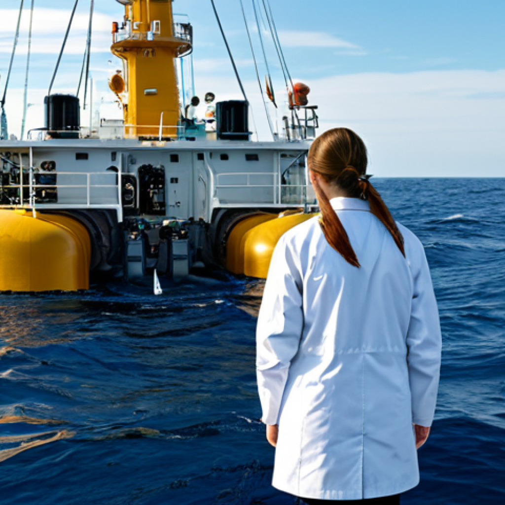 해양 기술 연구 보고서 - Ocean Monitoring**
"A research vessel in the open ocean, deploying underwater sensors, fully clothe...