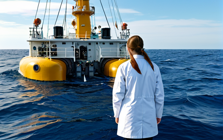해양 기술 연구 보고서 - Ocean Monitoring**
"A research vessel in the open ocean, deploying underwater sensors, fully clothe...