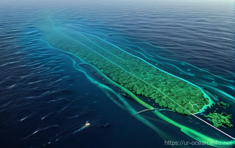 해양 환경 정화 기술 - **Image Prompt: Advanced Ocean Pollution Mapping**
"An intricate, high-tech aerial view of a vas...
