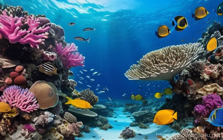 해양 생태계 변화 연구 - **Prompt:** A visually striking split image showcasing the stark contrast of a coral reef before and...