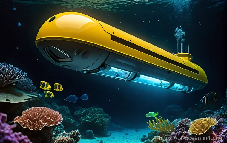 해양 기술 관련 특허 - **Image Prompt: Advanced AUVs Exploring a Bioluminescent Deep-Sea Trench**
"An intricate, futuri...