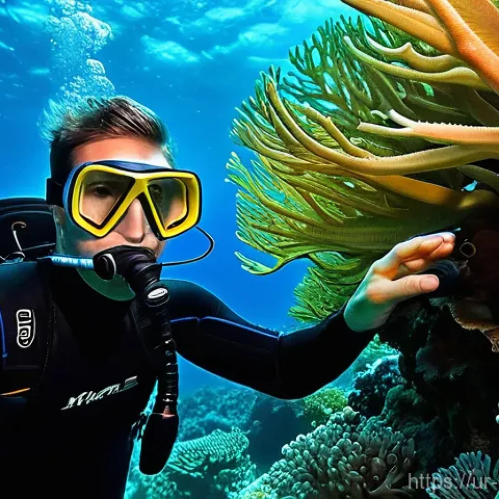 수중 영상 촬영 기술 - **Prompt:** A serene underwater scene featuring a male videographer in his late 20s, wearing a form-...