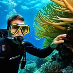 수중 영상 촬영 기술 - **Prompt:** A serene underwater scene featuring a male videographer in his late 20s, wearing a form-...