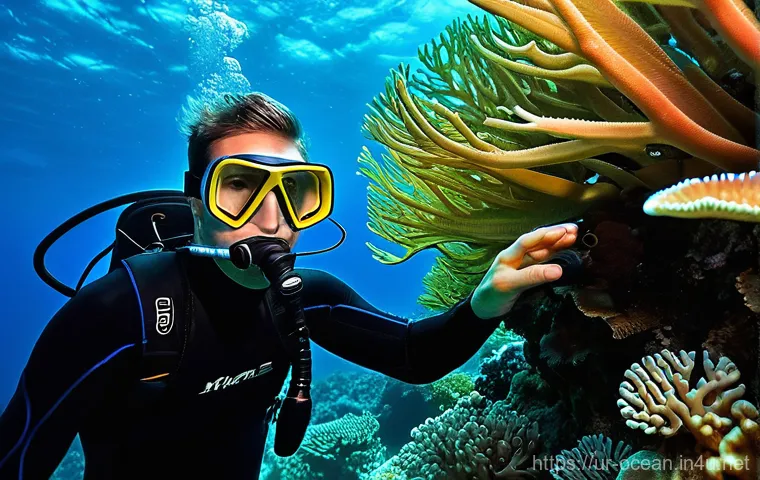 수중 영상 촬영 기술 - **Prompt:** A serene underwater scene featuring a male videographer in his late 20s, wearing a form-...