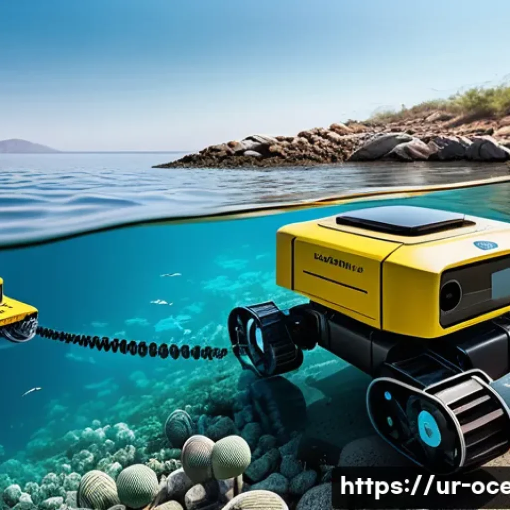 해양 오염 제거 기술 - A highly detailed scene of an autonomous marine robot cleaning ocean pollution near a Pakistani coas...