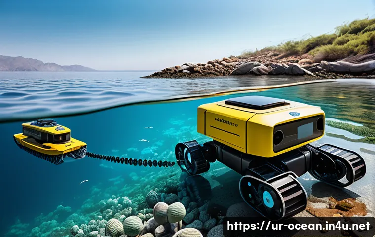해양 오염 제거 기술 - A highly detailed scene of an autonomous marine robot cleaning ocean pollution near a Pakistani coas...