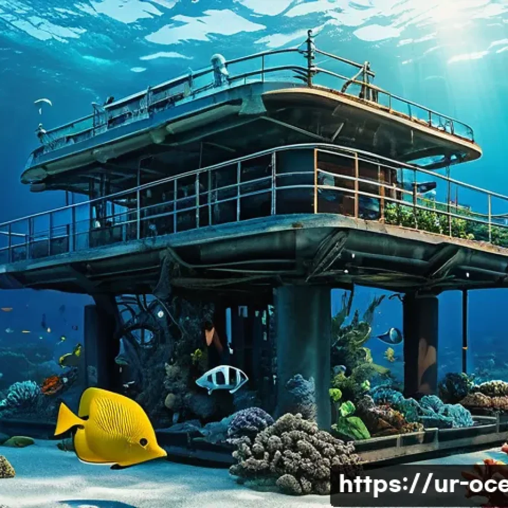심해 구조물 설계 - A detailed underwater scene showcasing a robust marine engineering structure designed to withstand i...
