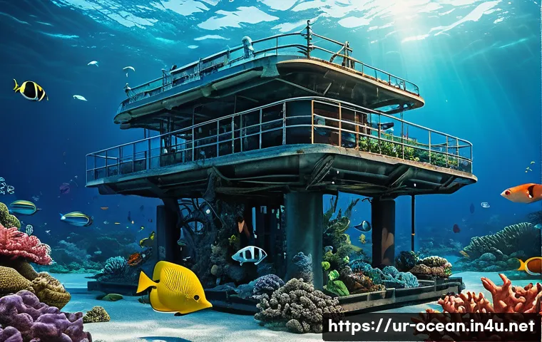 심해 구조물 설계 - A detailed underwater scene showcasing a robust marine engineering structure designed to withstand i...