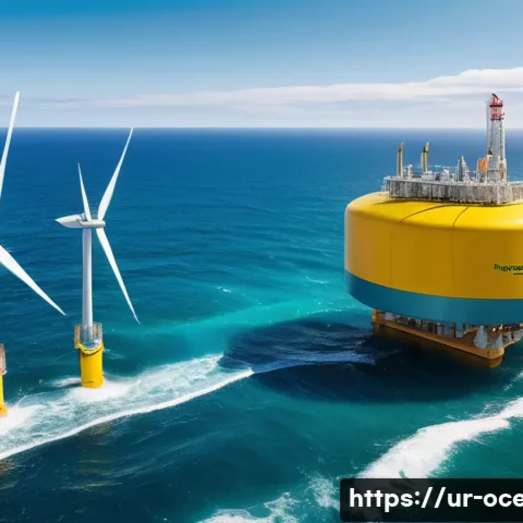 해양기술 개발 동향 - A coastal scene showcasing advanced wave energy technology: sleek, modern wave energy converters flo...
