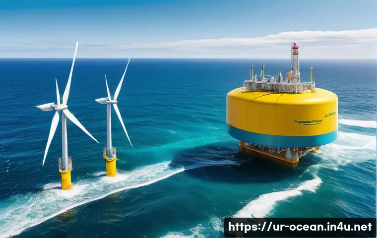 해양기술 개발 동향 - A coastal scene showcasing advanced wave energy technology: sleek, modern wave energy converters flo...
