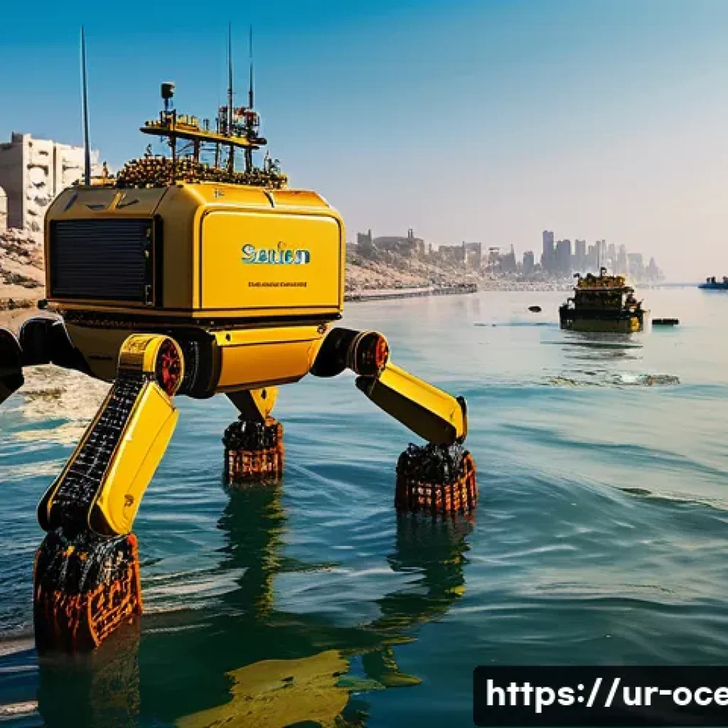 해양 방제 시스템 - A highly detailed scene depicting an autonomous marine cleanup robot operating in the Arabian Sea ne...