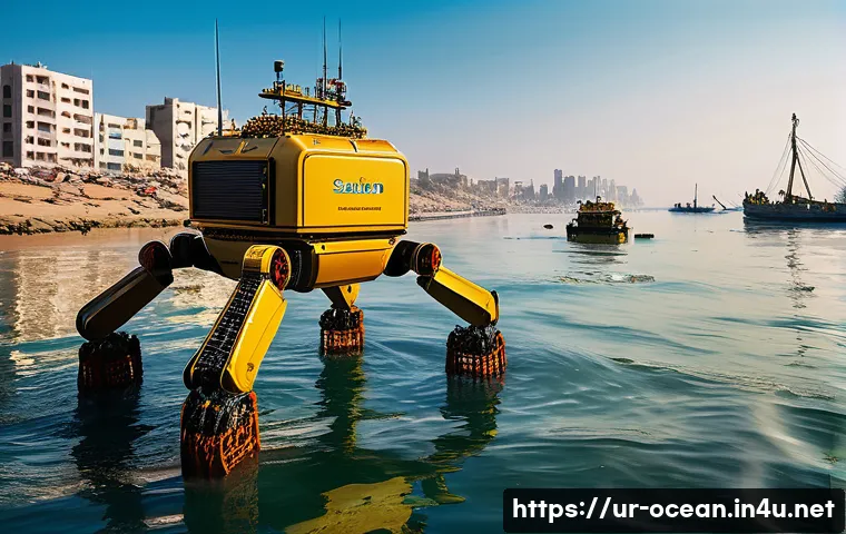 해양 방제 시스템 - A highly detailed scene depicting an autonomous marine cleanup robot operating in the Arabian Sea ne...