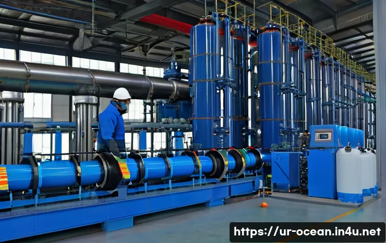고압 환경 테스트 - A detailed industrial scene showing a hydrostatic pressure test on a large pipeline system in a cont...