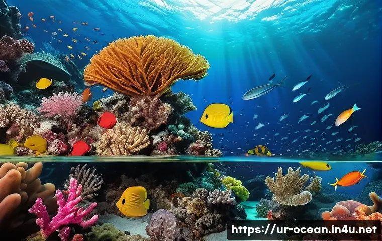 해양 과학 학술지 - A vibrant underwater scene depicting newly discovered marine species in the deep ocean near the coas...