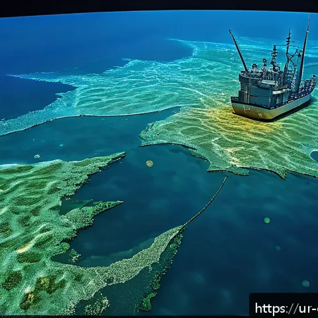 해양 자원 탐사 기술 - A highly detailed underwater scene showing a modern multi-beam sonar scanning the ocean floor near t...