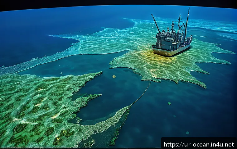 해양 자원 탐사 기술 - A highly detailed underwater scene showing a modern multi-beam sonar scanning the ocean floor near t...