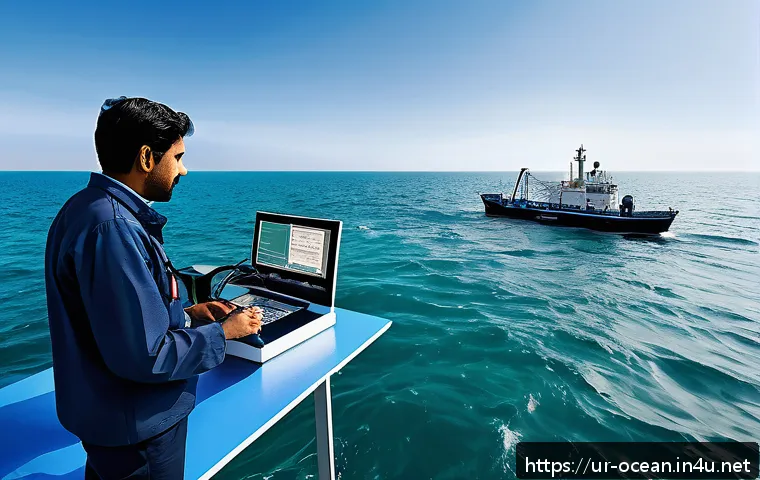 해양 환경 예측 모델링 - A detailed scientific illustration showing a team of marine researchers using advanced oceanographic...