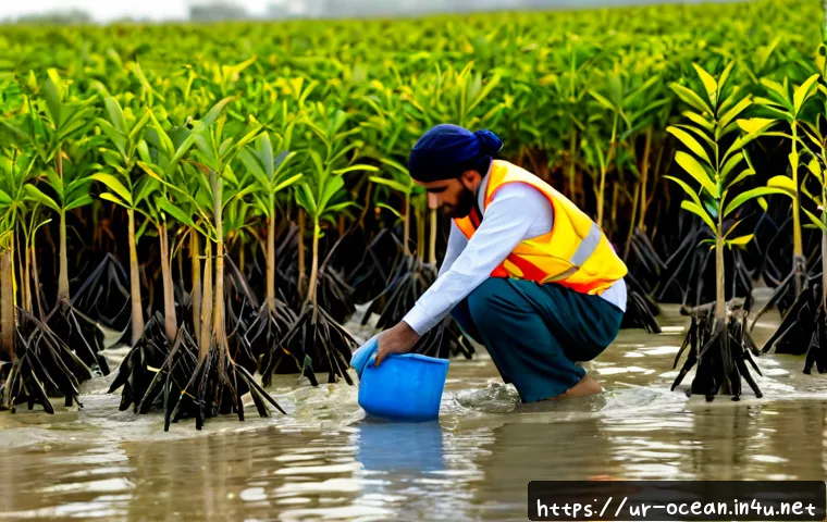 해양 동식물 복원 기술 - Photorealistic coastal marine restoration scene in Karachi, Pakistan, a Pakistani marine biologist i...