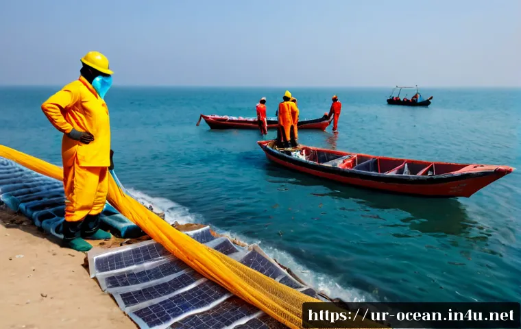 Home 17 해양 환경 보호 장비 - Photorealistic coastal cleanup scene at Karachi’s Arabian Sea shoreline, Pakistani environmental wor...